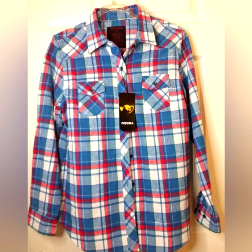 Great Fit! Women's Red, Torquise and White Long Sleeve Button Top